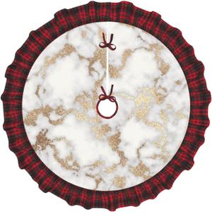 Modern Chic White Gold Foil Marble 30 Inch Christmas Tree Skirt Red and Black Buffalo Plaid Edge Decoration for Merry Christmas Farmhouse Winter Holiday Party Home Decoration Ornaments Indoor Outdoor