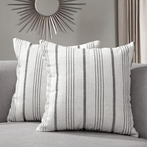 Sunlit Decorative Farmhouse Throw Pillow Case, Set of 2 Cream/Off-White with Black Stripes Modern Accent Square Pillow Cover, 20" x 20", Textured Linen Throw Cushion Covers for Couch Chair Bedroom