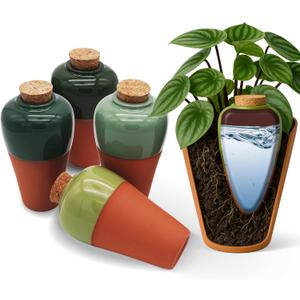 Terracotta Self Watering Planter Insert - Set of 4 Clay Ollas with Slim Bottom for Easy Soil Insertion, Glazed Top, Plant Watering Globes for Indoor & Outdoor