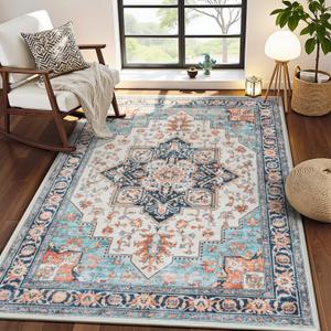 Lessymo 3x5 Washable Area Rugs for Living Room Bedroom Ktichen, Soft Boho Indoor Rug Non Slip, Vintage Carpet Low Pile for Dorm Office Dining Room Kids Room Hallway Entryway Bedside, Orange/Blue