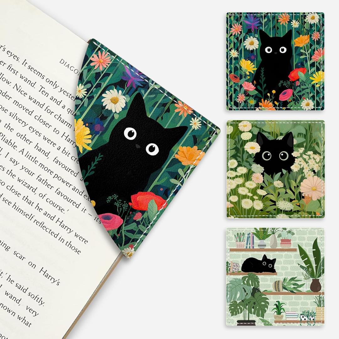 Cute Black Cat Floral Corner Bookmarks, Funny Leather Book Accessories for Book Lovers, 3 Pcs Reading Book Page Markers for Women Men Student Teacher Girls Boys Retirement Birthday Gifts