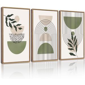 Drsoum Large 16x24in Green Botanical Boho Wall Art Framed Modern Sage Bohemian Wall Decor Abstract Geometry Lines Prints Ready to Hang Natural Framed