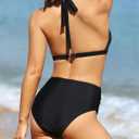 Tempt Me Women Two Piece High Waisted Bikini Swimsuit Ruched Tummy Control Bottoms Keyhole Bathing Suits (Black, L)