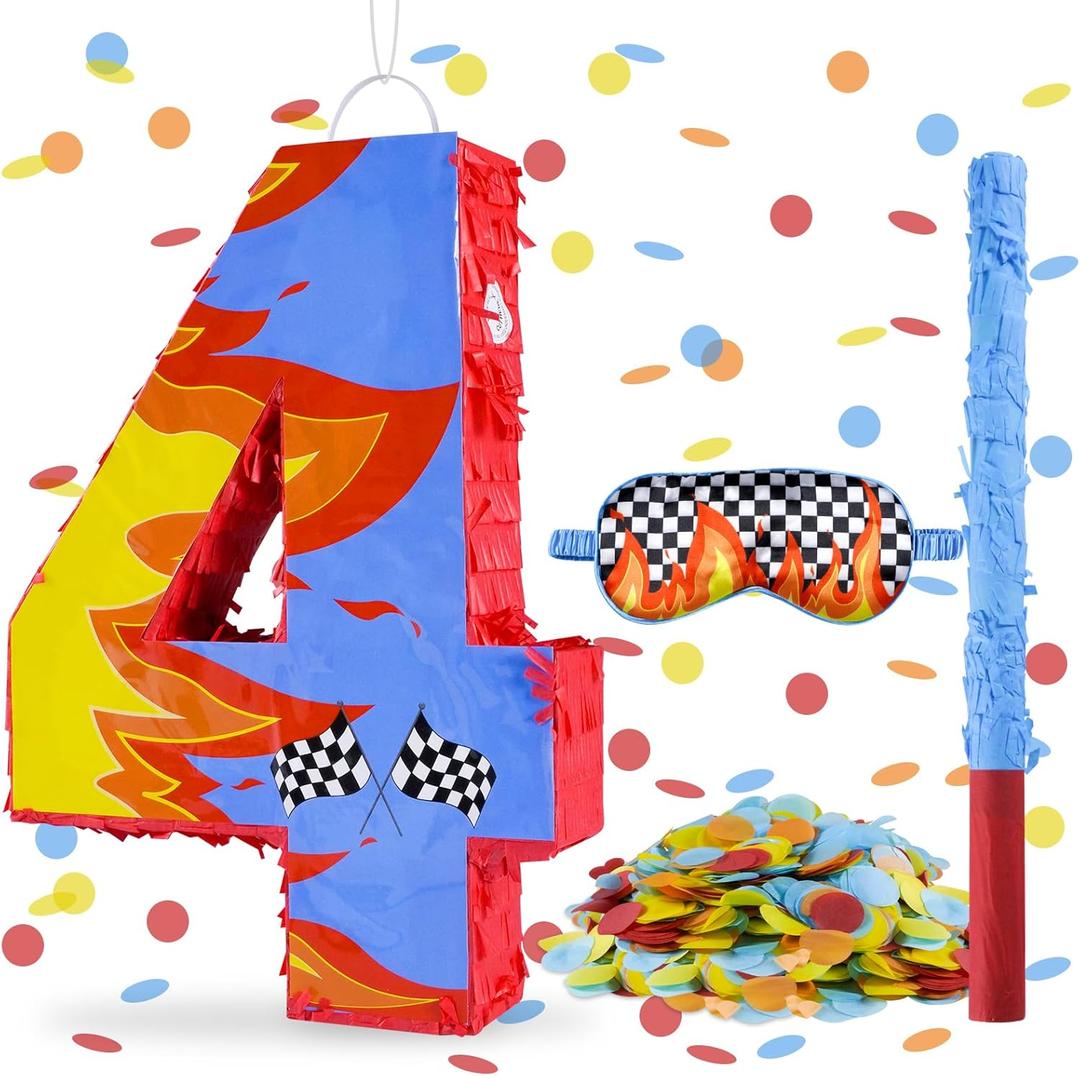 Blue Racing Cars Themed Birthday Decorations, Racing Cars Themed Number 4 Pinata with Stick Blindfold and Confetti Fire Race Car Checkered Flag Themed 4th Birthday Party Supplies (Fire Race Car 4th)