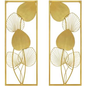 2 Pieces Metallic Leaves Wall Decors Luxury Golden Metal Art Wall Sculptures 32" X 12" Modern Wall Hanging Sculptures with Frame for Bedroom Living Room Kitchen Dining Room Office