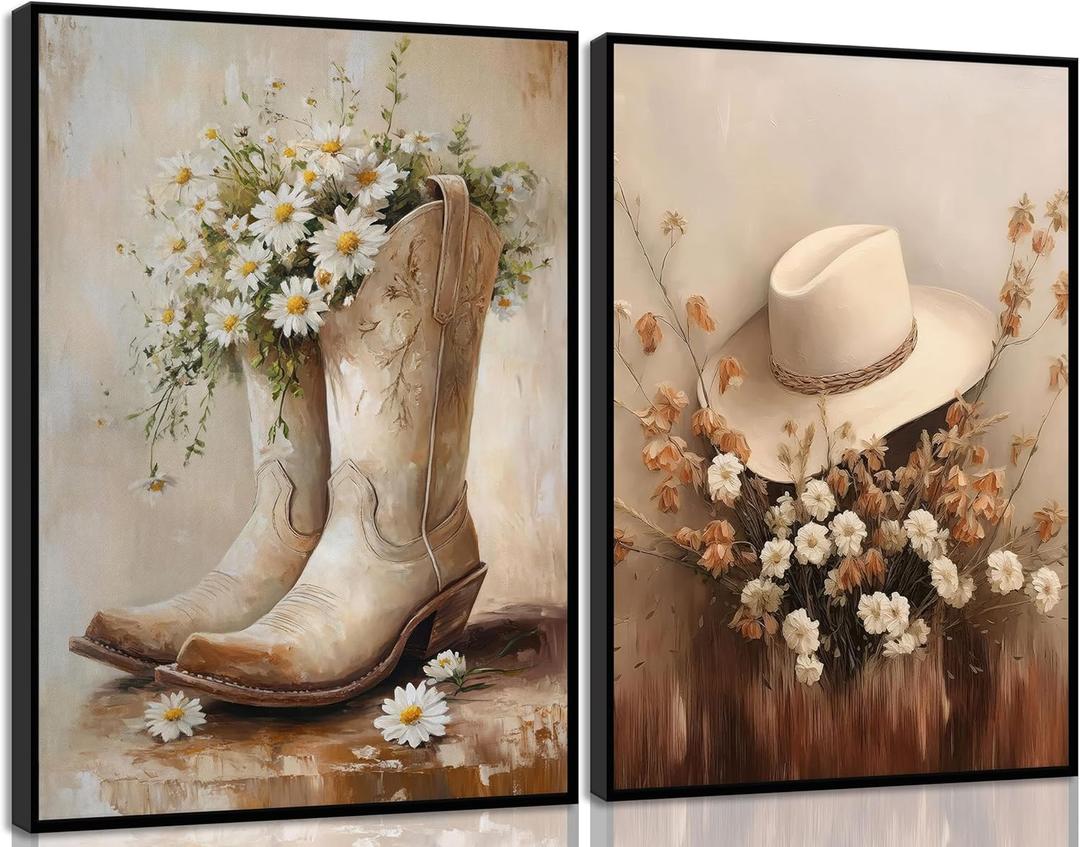 2pcs Vintage Western Cowgirl Canvas Wall Art daisy Cowgirl Boots & Hats Posters Rustic Farmhouse Pictures Trendy Preppy Dorm Room Wall Decor Western Floral Painting Country Style Prints (Unframe) 12x16in and 16x24in