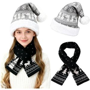 Christmas Santa Hat and Knitted Scarf, Soft Santa Costume for Adult Women Men, Christmas Party Headwear Accessories (Gray)