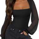 PINKMSTYLE Women's Square Neck Double Lined Mesh Long Sleeve Bodysuits Slim fit Trendy Going Out Tops Shirts (X-Large, Black)