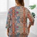 LOMON Plus Size Women Blouses 3/4 Length Sleeve Tops Crewneck Pleated Casual Tees Shirts 1X-5X (Bohemian)