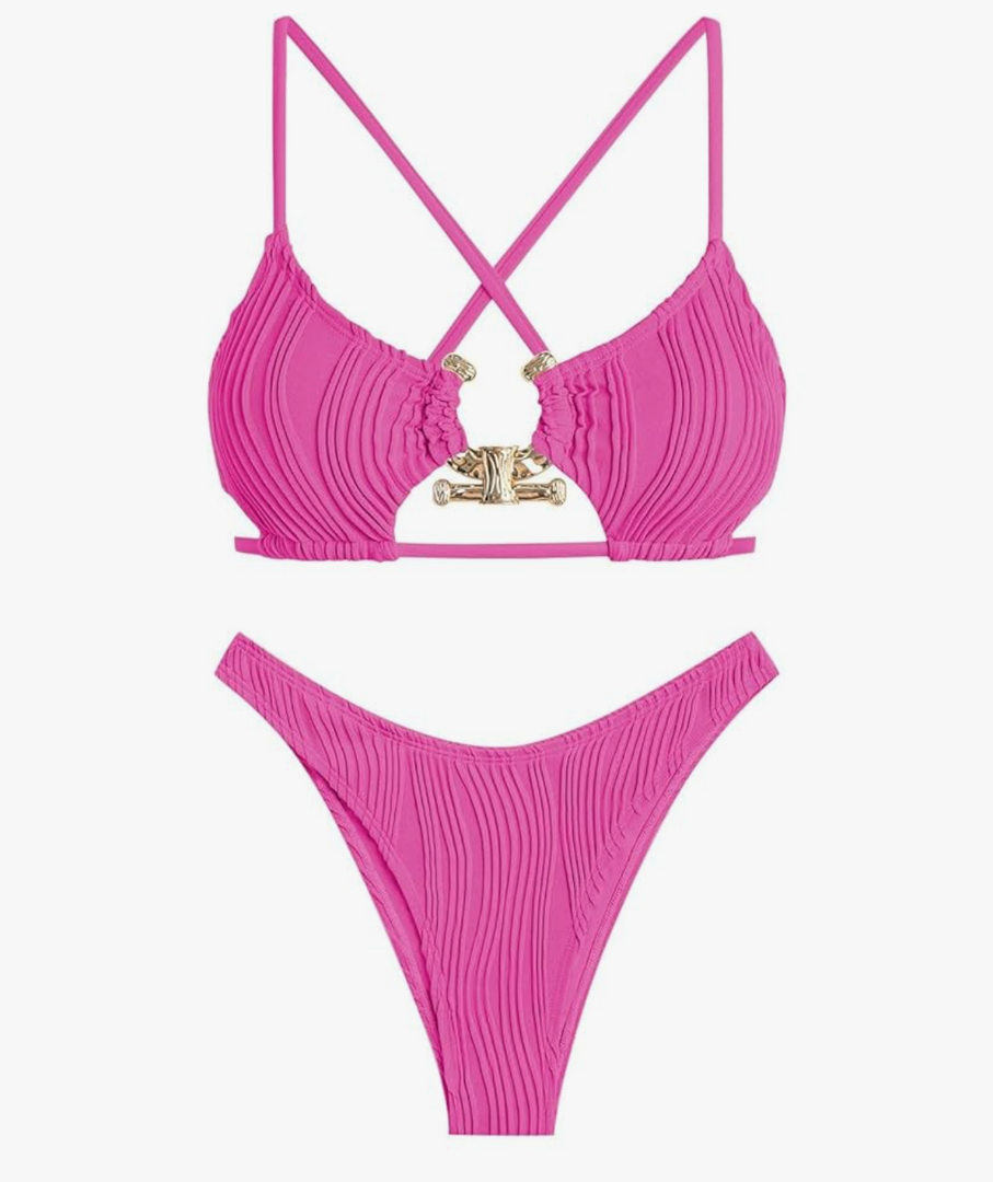 ZAFUL Women's Sexy Cutout Bikini Set High Cut Textured Metal Ring Cheeky Swimsuit Two Piece Bathing Suit, L