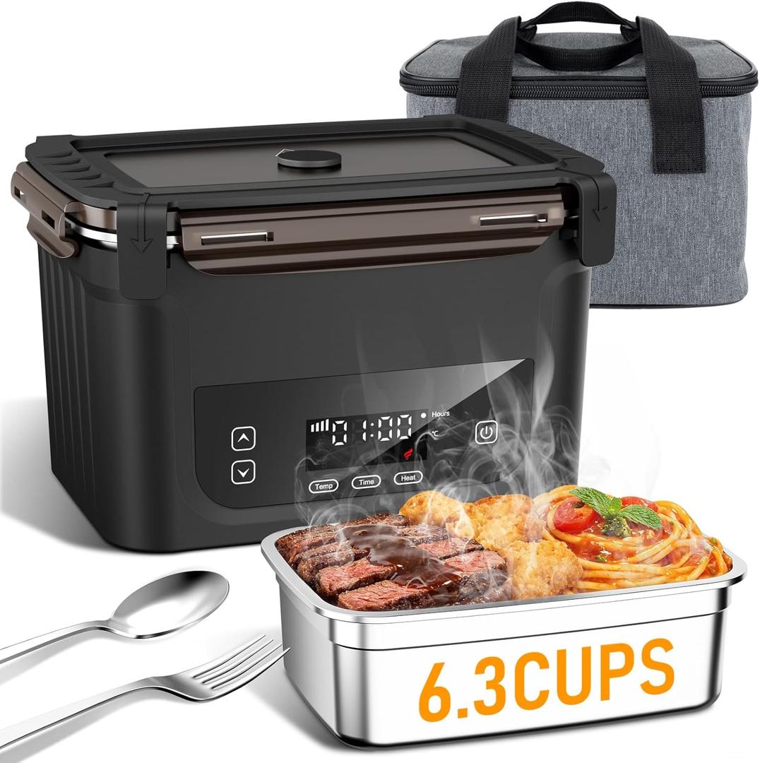 2026 Upgraded Cordless Electric Lunch Box for Adults, XL 6.3-Cup Rechargeable Heated Lunch Box with 20,800mAh, Self-heating Food Warmer for Construction, Travel & Office (Black)
