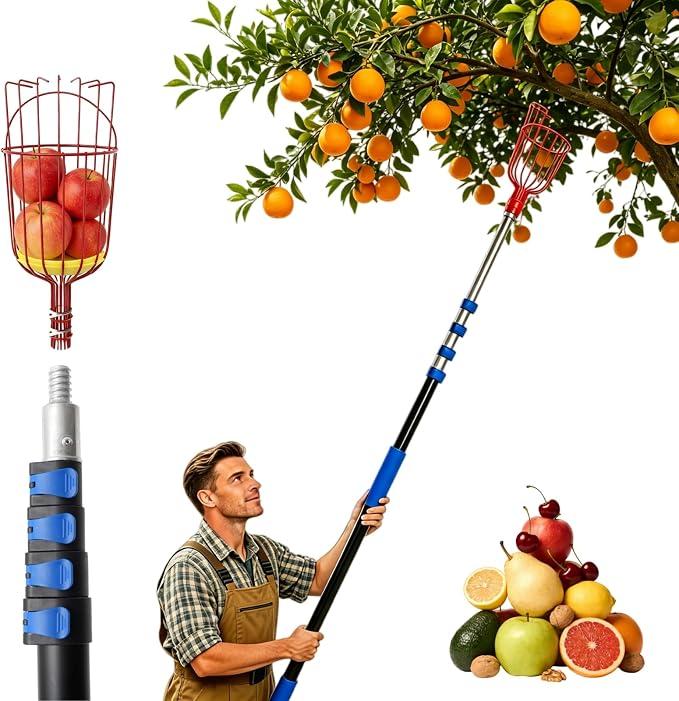 26FT Reach Fruit Picker with Basket, Telescoping Aluminum Pole 5-20FT, Dual Flip-Lock & Screw Fixing Design for Apple Orange Mango Avocado Lemon Picking