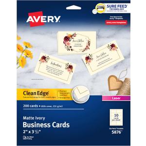 Avery Clean Edge Printable Business Cards with Sure Feed Technology, 2" x 3.5", Ivory, 200 Blank Cards for Laser Printers (5876) (One Size)
