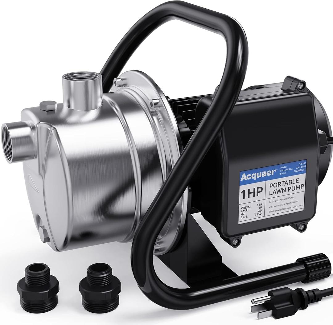 Acquaer 1 HP Portable Shallow Well Pump, Stainless Steel, 998 GPH, 115V Sprinkler Pump for Water Removal/Lawn Garden