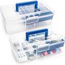 Elsjoy 2 Pack Plastic Dividing Storage Box with Removable Tray, 2-Layer Craft Organizer Box with Handle, Small Portable Sewing Box Art and Craft Supply Organizer Storage Containers