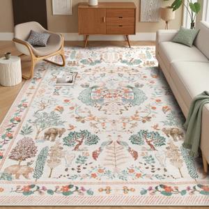 Moynesa Floral Washable 8x10 Rugs, Boho Area Rug for Living Room, Soft Large Bedroom Rug 8x10 Under Bed, Flower Non Slip Ultra Thin Carpet for Dining Room Nursery Office, Beige