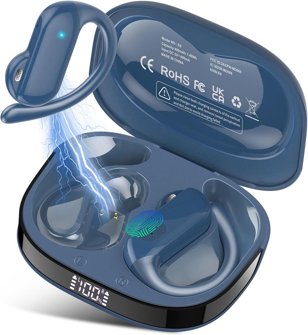 Wireless Earbuds, Bluetooth 5.4 Headphones wiht HiFi Stereo, 32H Playback Open Ear Earbuds with ENC Mic, IPX7 Waterproof Sport Earbuds with Ear Hooks for Laptop Pad Android/iOS Phones, Blue