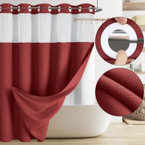 Awellife Linen Shower Curtain for Bathroom No Hook Shower Curtain with Snap in Liner Set Natural Red 75" L x 72" W