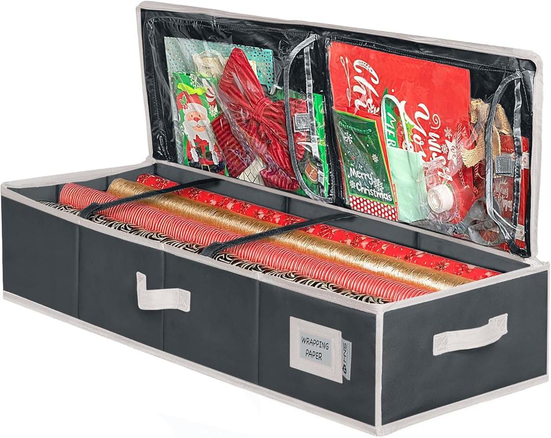 3 x HOLDN' STORAGE Premium Wrapping Paper Storage Container - Durable 600D Tear-Proof, Fits 27 Rolls Gift Wrap, Extra Pockets for Ribbons & Bows, Underbed Storage - Ideal for Holiday Christmas, Black/White Trim