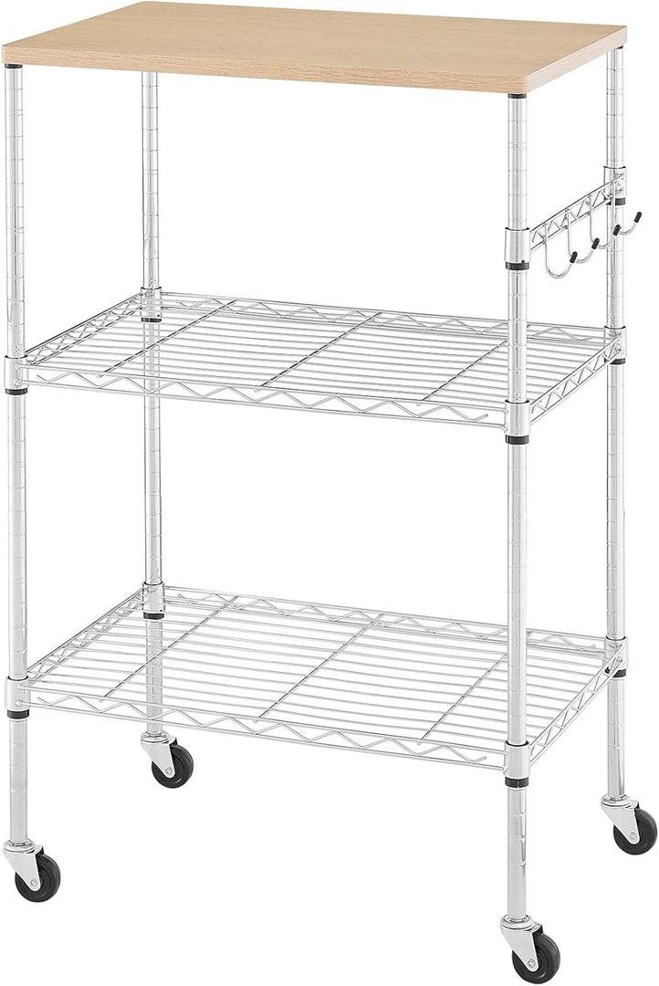 450Lbs Capacity Microwave Cart with Wheels, 3 Tier Rolling Cart with Adjustable Shelves, Multifunctional Metal Utility Storage Kitchen Carts on Wheels, 23.6" L*15.7" W*37" H, Wood+Chrome