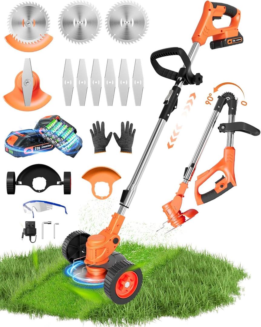 Cordless Weed Wacker, Electric Weed Wacker 21v, 3 in 1 Weed Eater Battery Powered/Brush Cutter/Stringless, Weed Trimmer with Wheel & Blade, Wheels for Garden and Yard Lawn (Collapsible) (Orange)