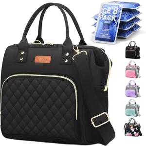 Lunch Bags for Women: Insulated Lunch Box Women Adults, Lunch Bag, Leakproof Lunch Tote Work with Adjustable Strap Reusable Cooler Tote Bag Picnic,Camping, 8 Ice Packs Gray Black