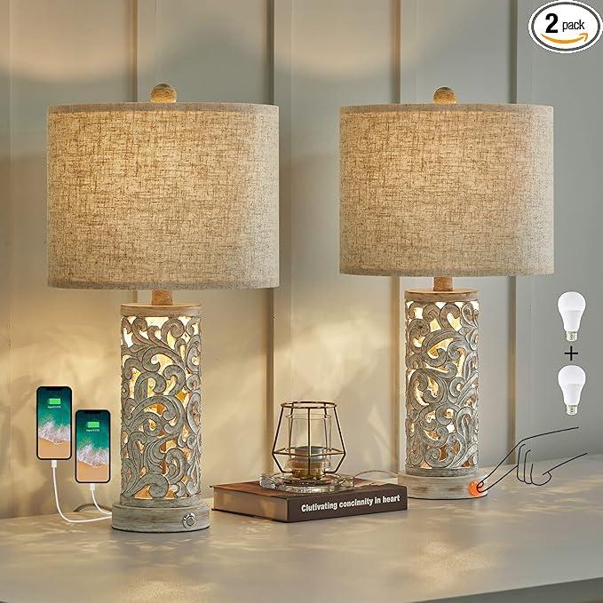 OYEARS Bedside Table Lamps Set of 2 with USB & Night Light, 22'' Dimmable Touch Lamps for Nightstand, Farmhouse Lamps for Bedroom Living Room Home Offce (Bulb Included)