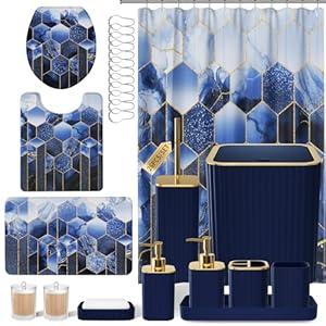 XLHOMO Bathroom Set - 26PC Bathroom Set with Shower Curtain and Rugs, Bathroom Accessory Set, Navy Blue Bathroom Sets, Trash Can & Soap Dispenser
