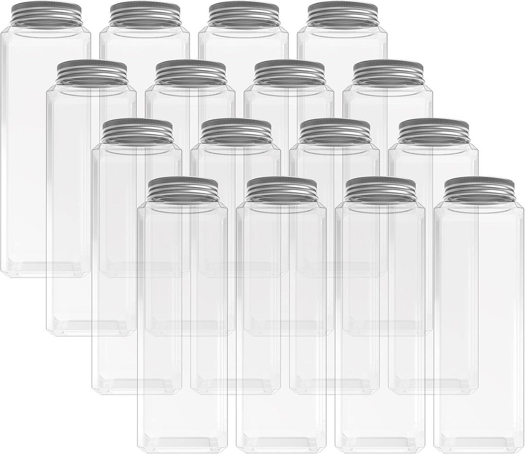 12 Pack 20 Ounces Clear PET Plastic Juice Bottles Empty Rectangual Bottles with Lids for Juice, Milk, Tea and Other Beverages