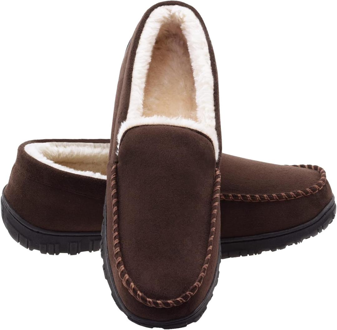 Lulex Moccasins for Men House Slippers Indoor Outdoor Plush Mens Bedroom Shoes with Hard Sole (11, Brown)