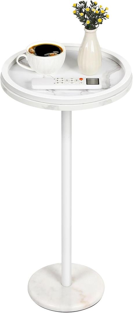 Shinoske Drink Table,Small Round Side Table with White Marble Base,Modern Martini Pedestal Side Table for Small Spaces,Living Room,Bedroom,Balcony (White-1 Pack)