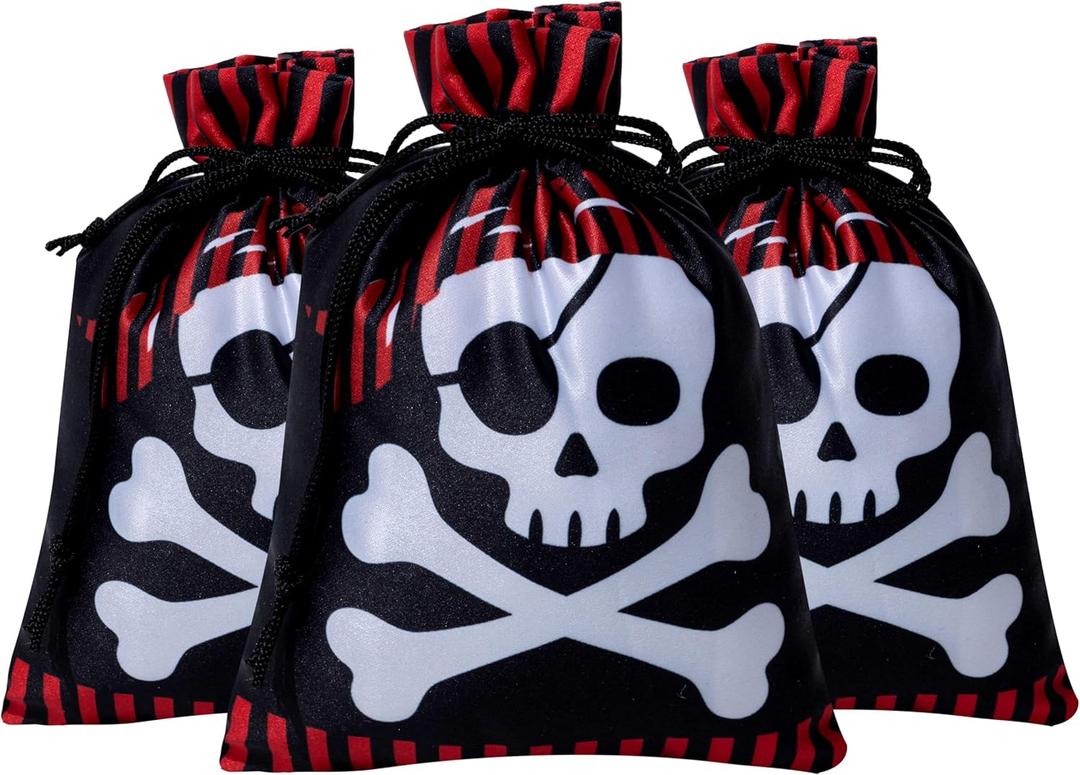 RICHNESS 16pcs Pirate Party Favor Bags Skull and Crossbones Goody Loot Gift Bag with Drawstring Closure Satin Party Loot Bags 4.5X6 Inches (Red & Black)