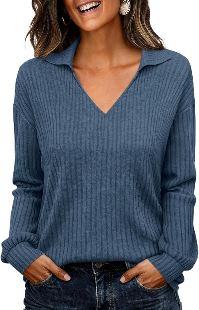 KIRUNDO Long Sleeve Shirts for Women 2025 Fall Fashion Outfits Going Out Tops Collar V Neck Blouses Ribbed Knit Loose Tunic (Small, Dark Blue)