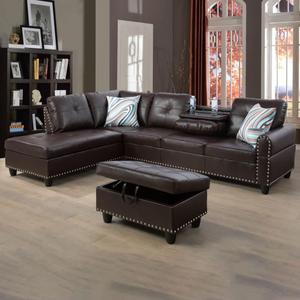 Leather Sectional Sofa, Living Room Furniture with L Shaped Couch, Cup Holders, Storage Ottoman in Brown (Left-hand Facing)