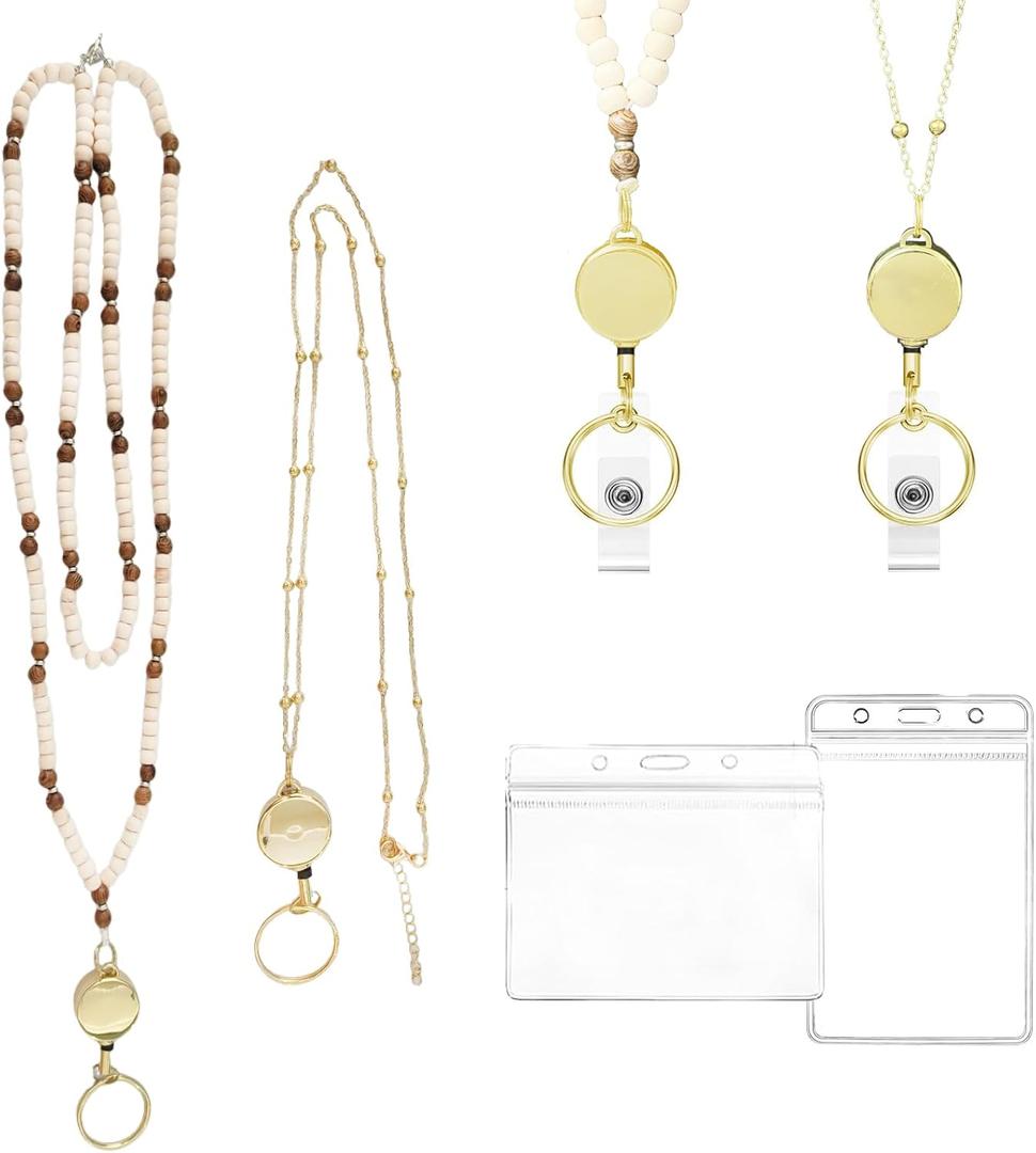 2 x 2PCS Lanyards for ID Badges, Retractable Teacher Lanyard Set with 2 Waterproof ID Badge Holders, Wooden Beaded Lanyard for Women Keys Id Badges Cruise Ship Cards