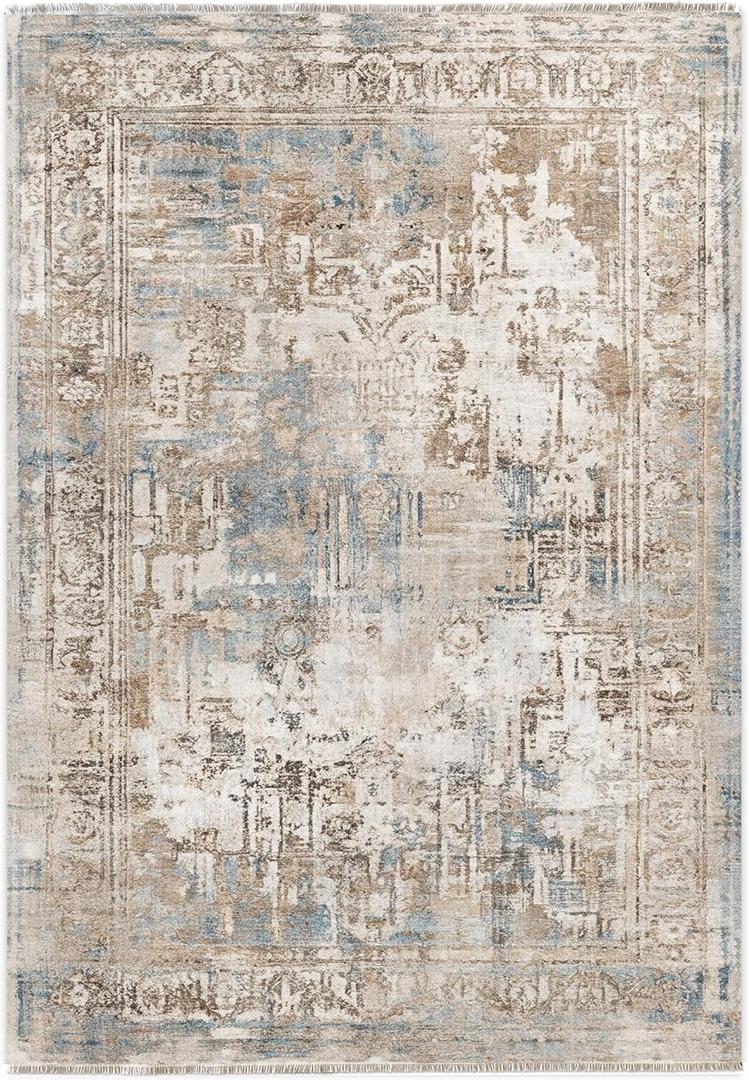 Chenille Machine Washable Area Rugs with Non Slip Backing, Ideal for Hallway, Living Room, Bedroom, Kitchen and Laundry Room, Vintage and Low Pile Rug (Beige-Blue, 6'x9')