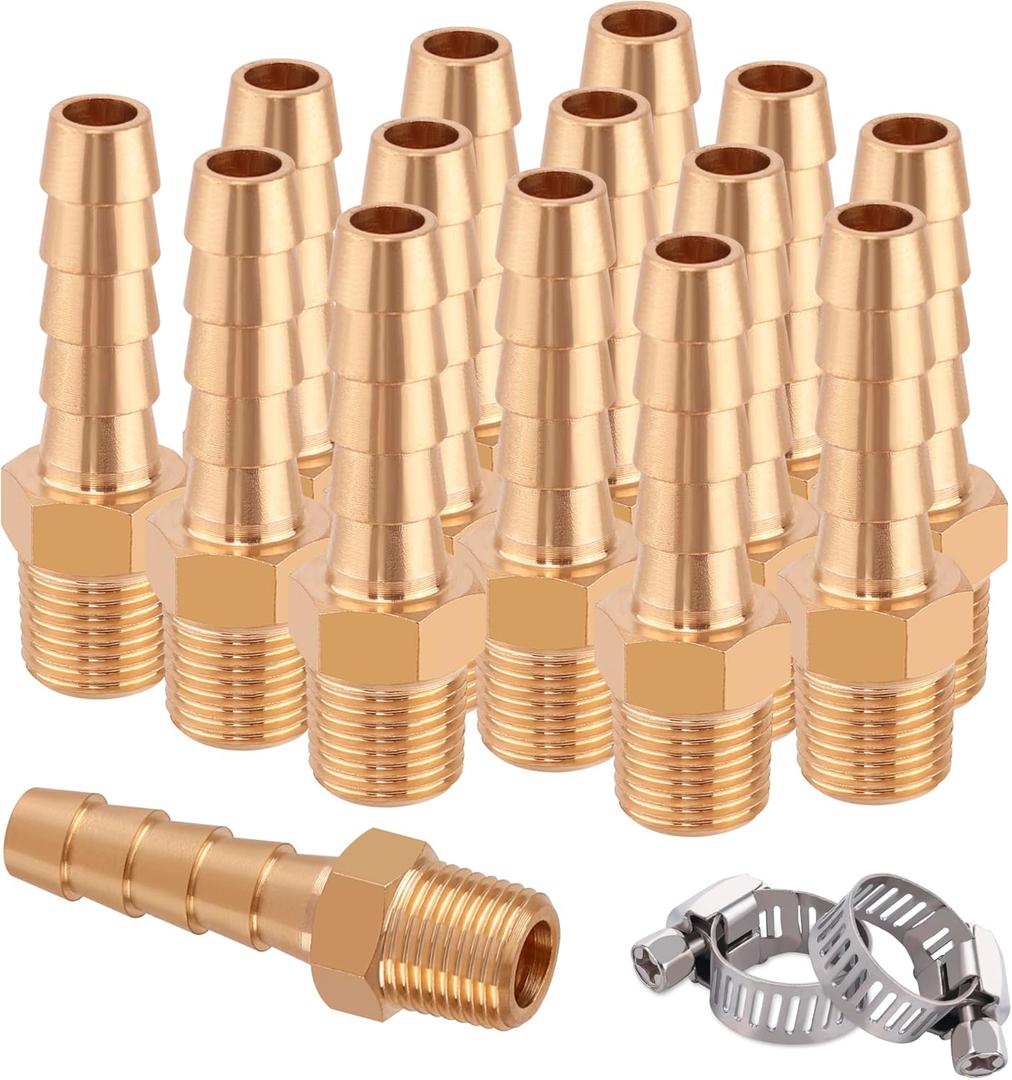 15 Pack Brass Hose Barb Fittings,1/4" Barb to 1/8" NPT Air Hose Repair Kit,1/4" Barb to 1/8" NPT Male Thread Hose Barb Adapter Connector, Barbed Air Hose Repair Fitting with 15 Pcs Hose Clamp