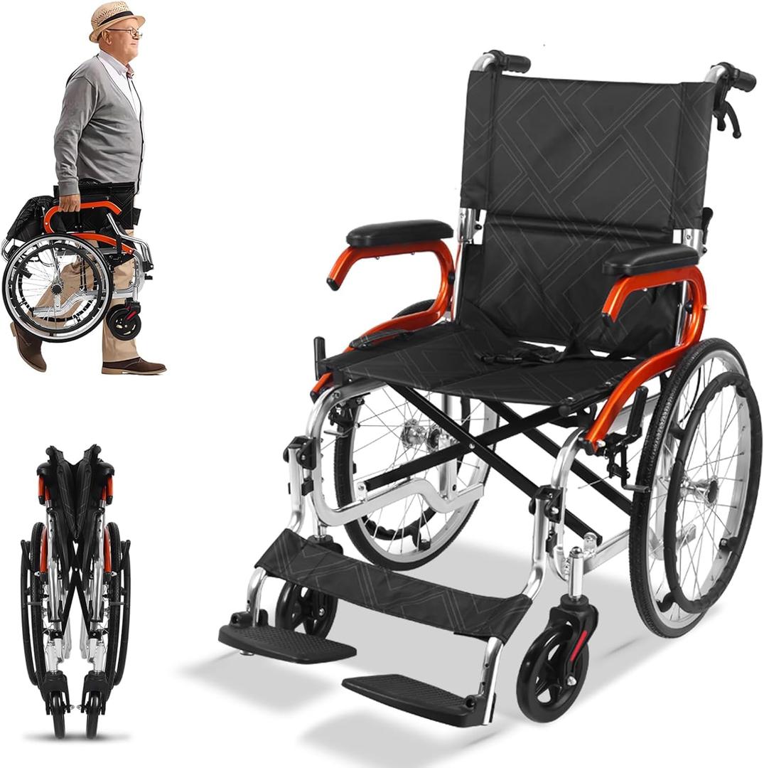 Lightweight Foldable Wheelchair,Transport Wheelchair with Handbrakes Self-Propelled for Seniors Adjustable Leg Rest & Footrest 220lbs Weight Capacity