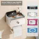 Voldra Toilet Paper Holder with Shelf, Flushable Wipes Dispenser for Bathroom, Adhesive Toilet Paper Roll Holder with Storage Wall Mount Stick On Bathroom Tissue Holder Front Flip Design (Matte White)