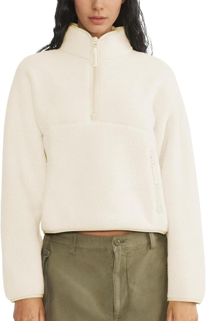 Womens Fleece Sweatshirts Cropped Half Zip Fuzzy Warm Sherpa Pullover Varsity Jackets with Zipper Pockets (Small, Beige)