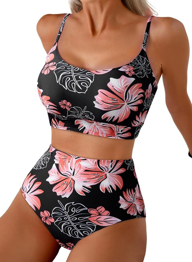 Herseas 2 Piece High Waisted Bikini Set for Women 2026 Spaghetti Straps Swim Top with Reversible Bottom Bathing Suit (Black, M)