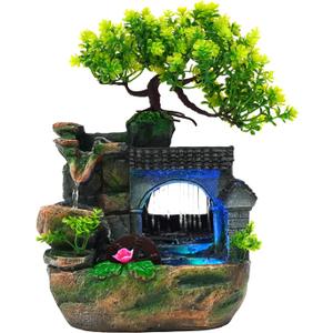 Tabletop Waterfall Fountain  11 in Rockery Humidifier with Color-Changing LED Light, Adjustable Pump & Faux Bonsai Tree, Resin Indoor Desk Fountain Dcor for Bedroom, Office, Aquarium, Meditation