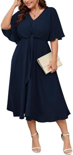 SCOMCHIC Women Plus Size Midi Dresses Wedding Guest Short Sleeve V Neck Tie Waist Casual Summer Flowy A Line Dress, XL