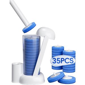 Disposable Toilet Brush System, Toilet Bowl Cleaning Wand with Lift-to-Open Refill Case, Blue Refill Heads and Freestanding Holder, 1 Wand and Holder Set with 35 Blue Refills