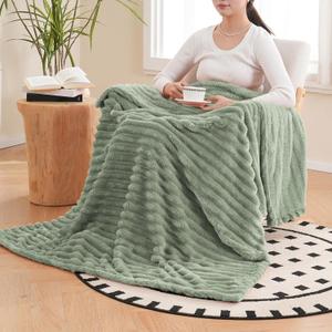 Vessia Flannel Fleece Sage Green Twin Blanket(60x80inch), 300GSM Striped Blanket for Adults and Kids, Super Soft Warm Cozy Lightweight Home Decor for All-Season