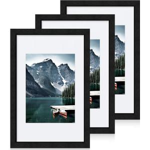 8x12 Black Picture Frames set of 3, Made of Wooden and Glass Photo frame - Displays 6x8 Picture with Mat or 8 x 12 Poster without Mat, Desktop & Wall Collage Frame set (8x12 in)