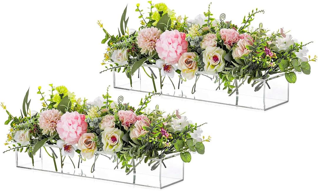 Rectangular Acrylic Vases for Centerpieces, 16 Inches Long Floral Vase with Holes for Flowers, Clear Rectangle Box Tray for Roses Modern Flower Arranger for Wedding Home Dining Table Decor, 2pcs