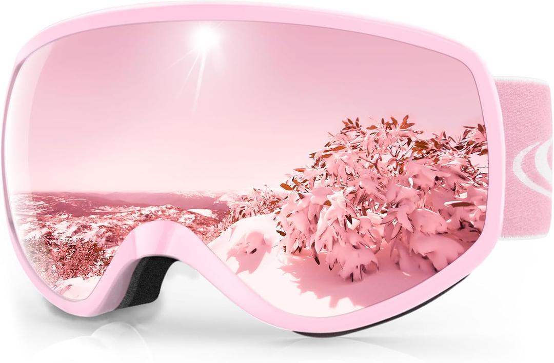 findway Kids Ski Goggles, Kids Snowboard Goggles for Boys Girls Toddler age 3-12 (Pink Frame Revo Pink)