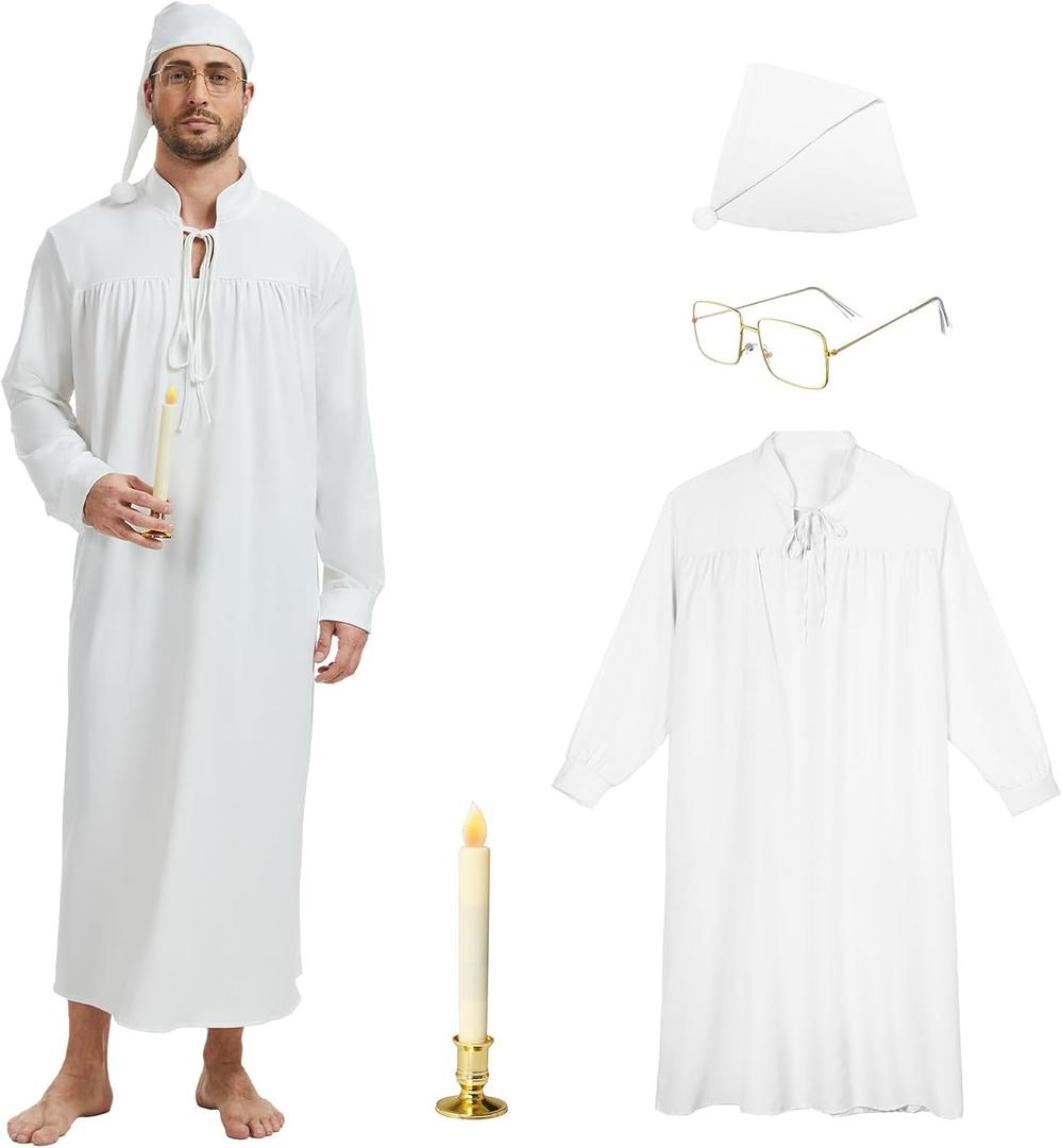 4Pcs Funny Men Pajama Set with Mens Nightgown, Pajama Hat, Vintage Glasses and Candle for Halloween Christmas   (X-Large, Beige)