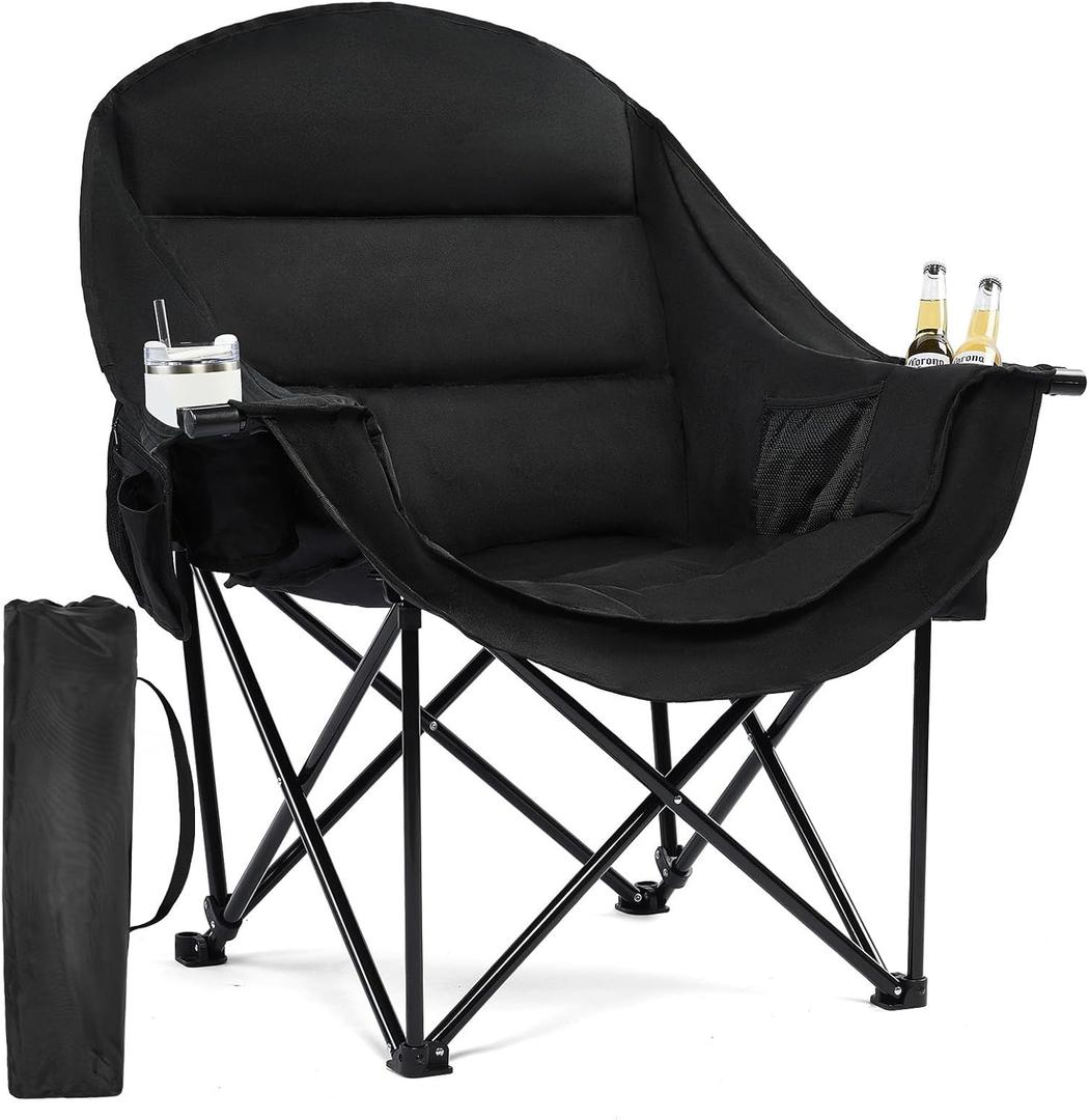 Oversized Camping Chairs for Adults - Heavy Duty Padded Outdoor Folding Lawn XL Camp Chair with Cup Holder Cooler Pockets for Outside Sports Beach Fishing Garden Portable Supports 500lbs, AllBlack 